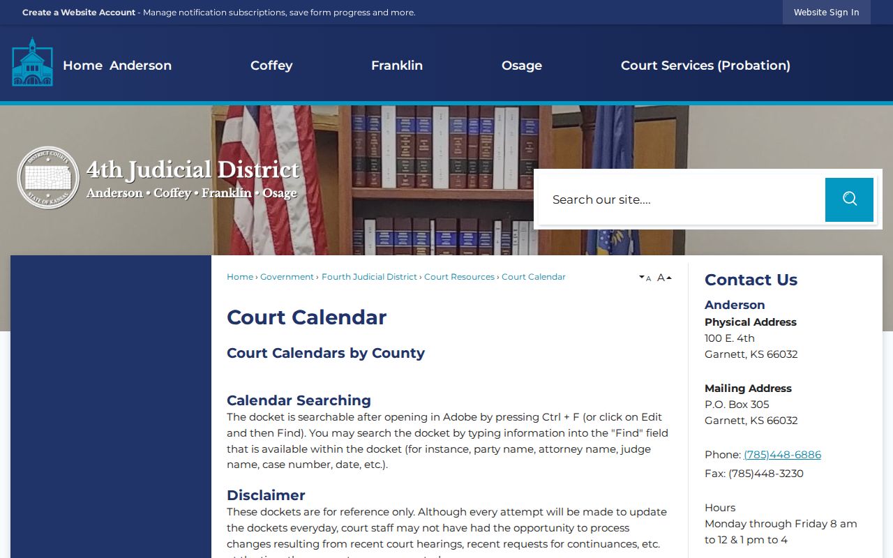 Franklin County court docket district court calendar