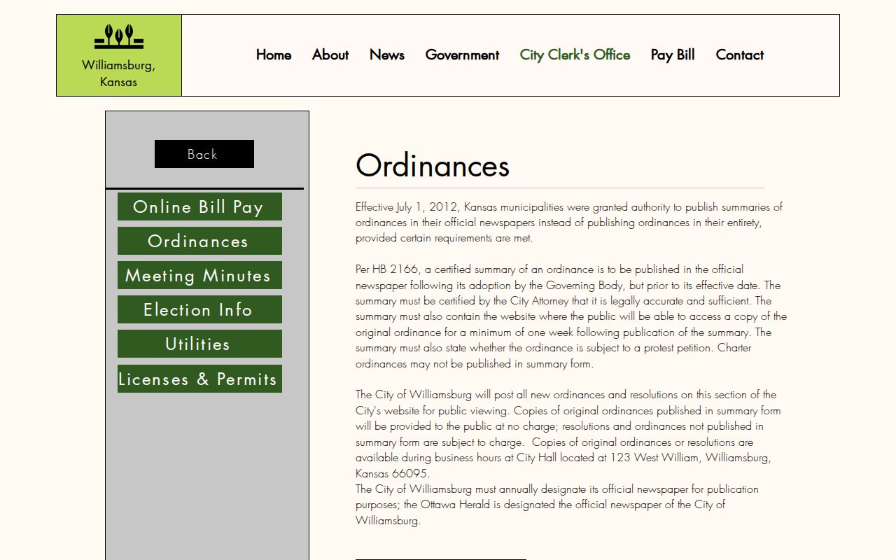 Williamsburg official ordinance records and copy information